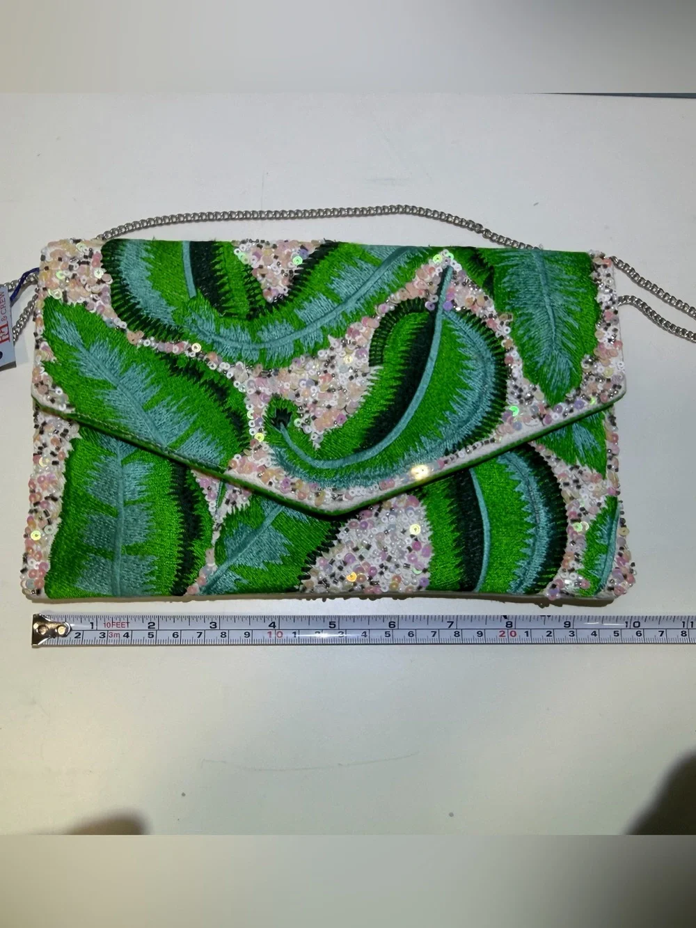NWT Ford & Crew Tropical Palm Leaf Embroidered Sequin Envelope Clutch With Chain